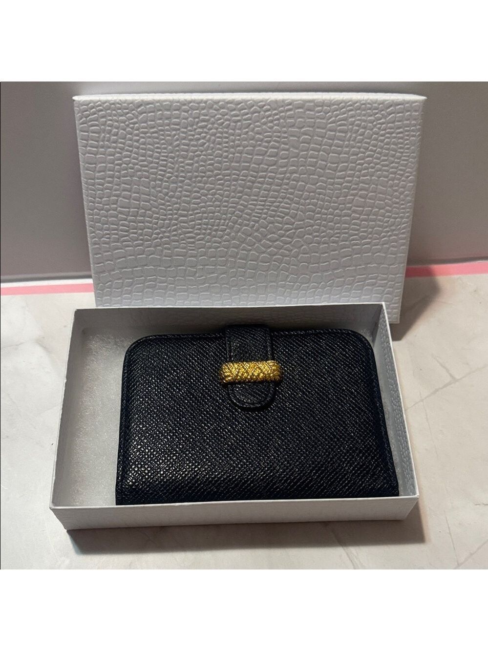VTG Balenciaga Textured Dark Blue Leather Card Case with Gold Accent